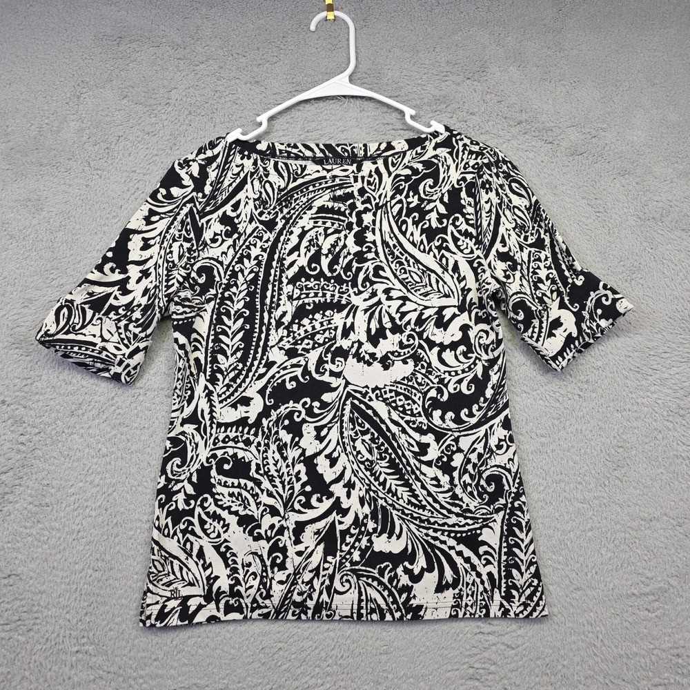 LRL Lauren Ralph Lauren Top Womens Petite PM Boat Neck Knit‎ Paisley Boho Preppy